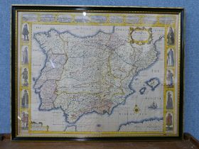 A 17th Century John Speed engraved map; Spaine, framed