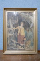 English School (early 19th Century), girl and dog by a stile, watercolour, framed