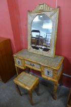 An Italian style bamboo and rattan desk, mirror and occasional table