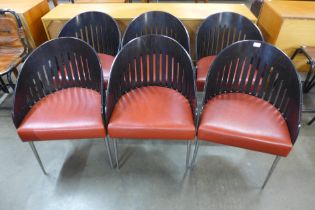A set of six Phillipe Starck style bent plywood, chrome and red vinyl chairs
