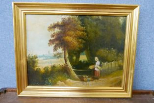 English School (late 19th Century), rural landscape with a lady by a gate, oil on board, framed