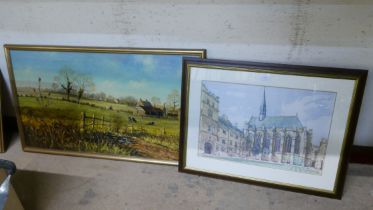 David Short, rural landscape, oil on canvas and a limited edition print of Exeter College, Oxford