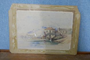 Italian School, village lake scene, watercolour, dated 1854, indistinctly signed and inscribed,
