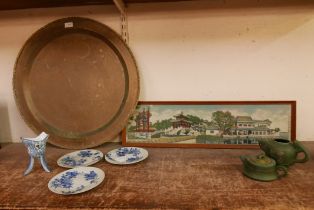 A collection of items, including a framed Chinese silk, a large eastern, a small Chinese earthenware