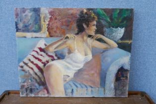 Anthony Avery, portrait of an erotic reclining female, oil on canvas, unframed