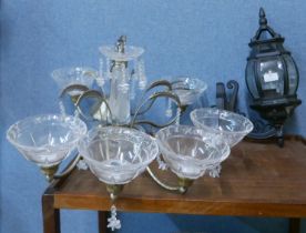 A Victorian style glass chandelier and a wall hanging lantern