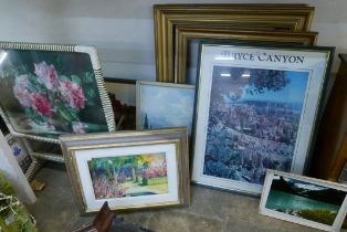 Assorted prints, picture frames, a painting and a fire screen