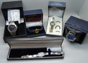 Five wristwatches including Rotary and Amadeus, boxed