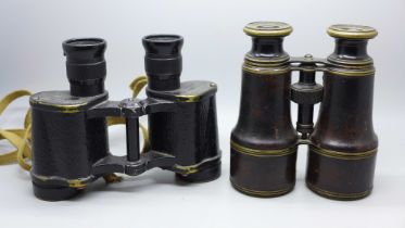 A pair of military binoculars, marked Kershaw and a pair of leather covered Lemaire Fab, Paris