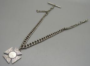 A silver Albert watch chain with graduated links and silver fob medal, 47g, 32cm