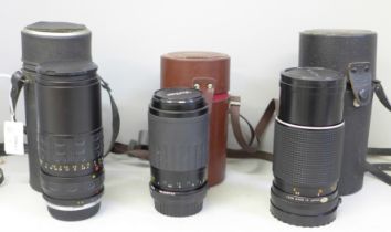 Three camera lenses, Vivitar 70-210mm, Kinor 80-200mm and Mamiya 210mm