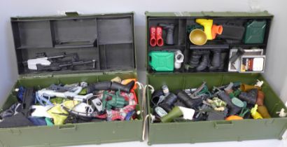 Two Action Man kit trunks and a collection of accessories