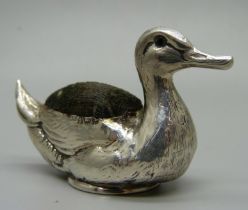 A novelty hallmarked silver duck pin cushion, Birmingham mark, a/f, 55mm