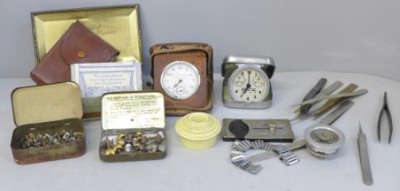 Watchmaker's tweezers, movement holders, travel clock, etc.