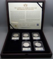 The Complete Morgan Dollar Mintmark Collection, five US silver dollars, 900/1000 silver, cased