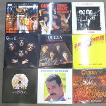 Ten Queen LP records and 12" singles including originals of Sheer Heart Attack, Queen II and Day