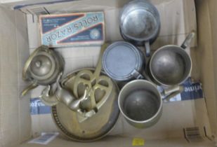 A box of pewter, brassware and a Rolls razor **PLEASE NOTE THIS LOT IS NOT ELIGIBLE FOR POSTING