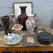 Oriental items; a lacquered frame, a pair of frames, a pair of cloisonne vases, a/f, other vases,
