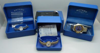 Two lady's and one gentleman's Rotary wristwatches, all boxed