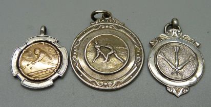 Three silver sporting fob medals, one with gold front, billiards, boxing and darts