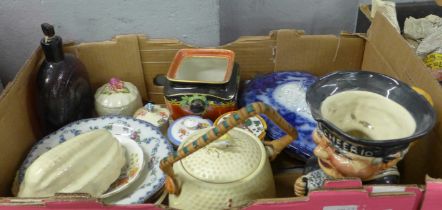 A blue and white tureen, preserve pots, a Price Kensington biscuit barrel, a glass bottle marked