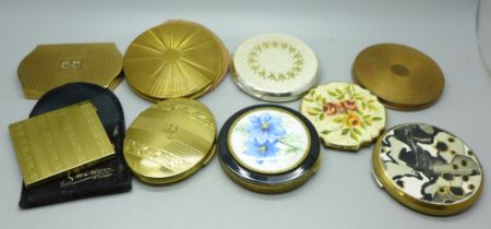 Nine compacts including Stratton and Kigu, and a handbag mirror