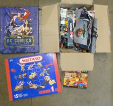 A box of Lego figures, boxed Meccano and a DC Comics book