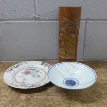 A Chinese plate, dish and a bamboo vase, a/f