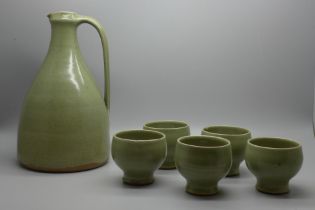 A David Leach Pottery mead jug and five cups, two cups a/f, chips on the rims