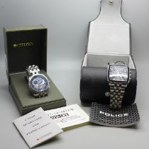 A Citizen Eco-Drive and a Police wristwatch, both boxed