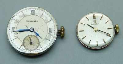 An Omega watch movement and a Longines watch movement, Longines 23mm
