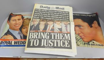 Approximately fifty original newspaper front pages and magazines; Death of Elvis, Lady Diana's