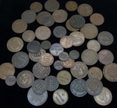 Fifty Jersey and Guernsey pre-decimal copper coins, including 19th Century