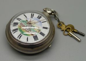 A silver pair cased verge fusee pocket watch, painted dial, rural scene, Marshall, Wainfleet, both