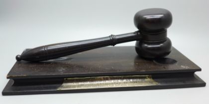 A presentation gavel with base, marked Nottingham and County and District's Pork Butcher's