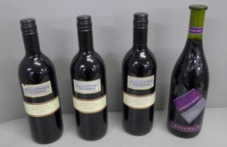Four bottles, Cabernet Sauvingon Shiraz x3 and one other similar, all Australian