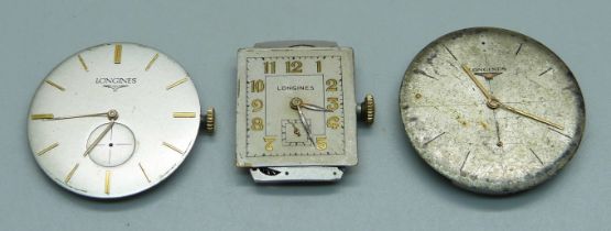 Three gentleman's Longines wristwatch movements