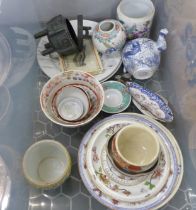 A box of Chinese and Japanese porcelain, an enamel fish dish, a/f, and a small print of a cat