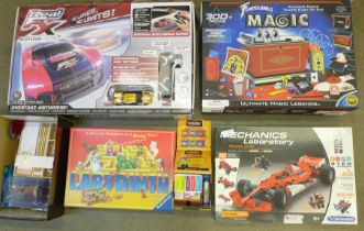 A collection of board games and Marvel collectables, a magic set, a racing car set, a Mechanics