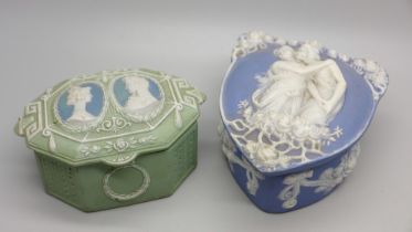 Two antique Jasperware trinket boxes, by Schafer and Vater