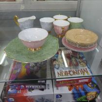 Royal Albert Gossamer pattern; five saucers, four cups, two side plates, a milk jug, sugar bowl