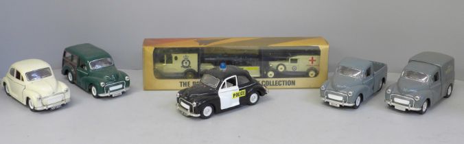 A collection of die-cast Morris Minor vehicles and RFC/RAF Anniversary Collection die-cast vehicles