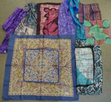 Seven silk scarves including two Indian and one Chinese made, and two silk handkerchiefs