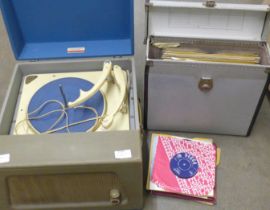 A Troubadour table top record player and a collection of records including two Elvis Presley 78s All