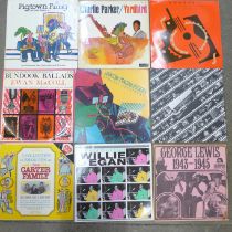 Eighteen vinyl LP records, jazz, folk, traditional and fusion, artists including Charlie Parker,