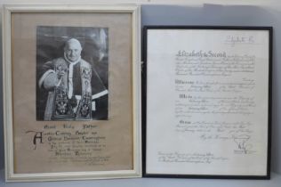 A Civil OBE Award Certificate, 1955, and a framed marriage blessing, 1960