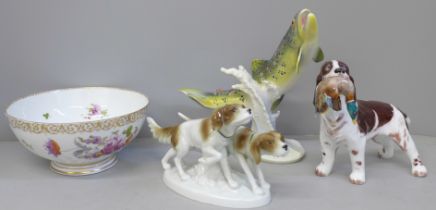 A continental China bowl, a Goebel brook trout figure, a/f, (fin re-glued), and two dog figures