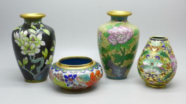 Four small items of Cloisonne, three vases and a pot
