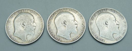 Three Edward VII one florin coins, one 1904, two dates worn