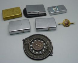 Five Zippo lighters, an Auto Cycle Union RAC Associate medallion, a/f and a Royal Engineer's badge